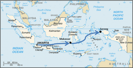 Le trajet Jakarta-Makassar-Sorong